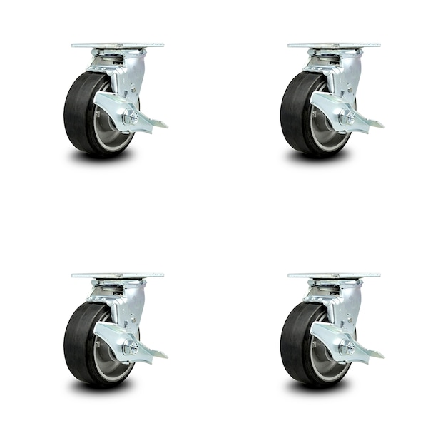 5 Inch Rubber on Aluminum Caster Set with Roller Bearings and Brake/Swivel Lock